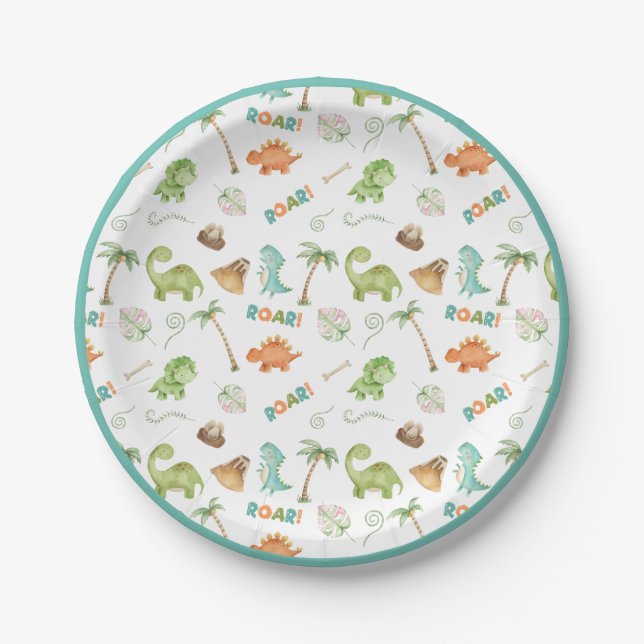 Watercolor Dinosaur Birthday Paper Plate (Front)