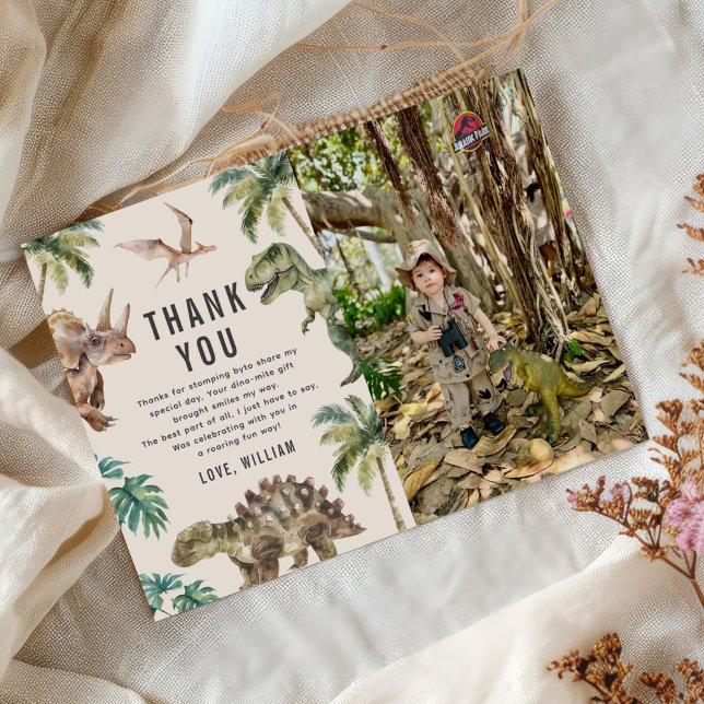 Watercolor Dinosaur Birthday Party Photo Thank You Card (Creator Uploaded)