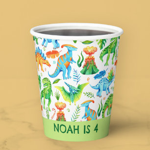 Watercolor Dinosaur Birthday T rex, Stegosaurus Paper Cups