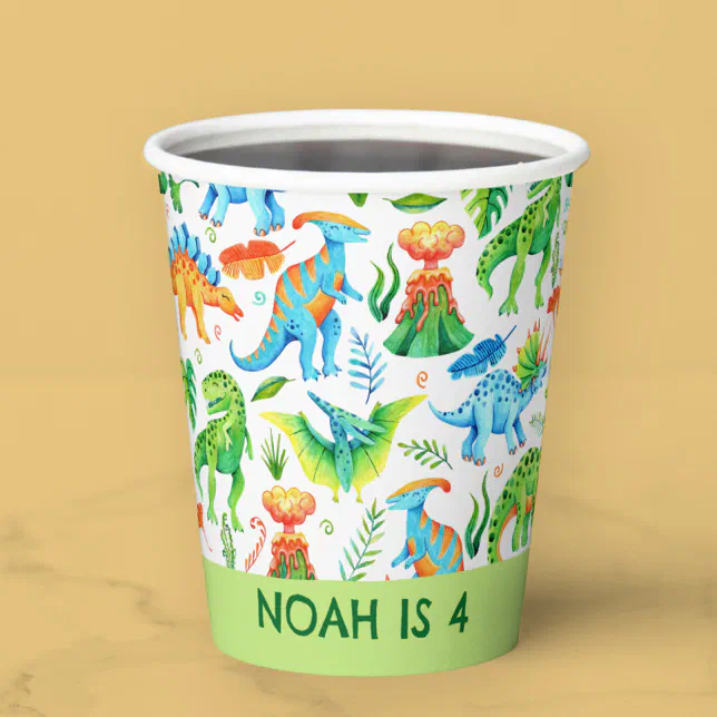 Watercolor Dinosaur Birthday T rex, Stegosaurus Paper Cups | Zazzle