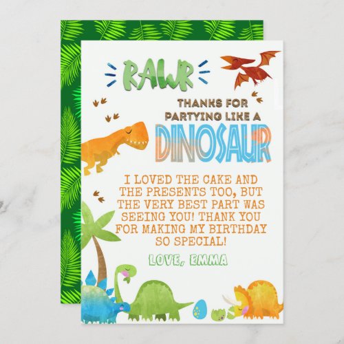 Watercolor Dinosaur Birthday Thank You card 