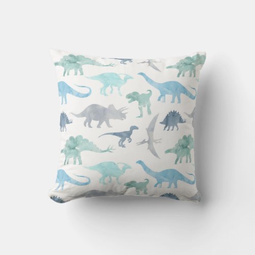 Watercolor Dinosaur Blue Green Throw Pillow