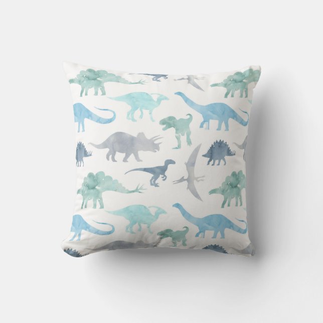 Watercolor Dinosaur Blue Green Throw Pillow (Front)