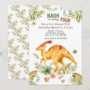 Watercolor Dinosaur Botanical Fourth Birthday Invitation