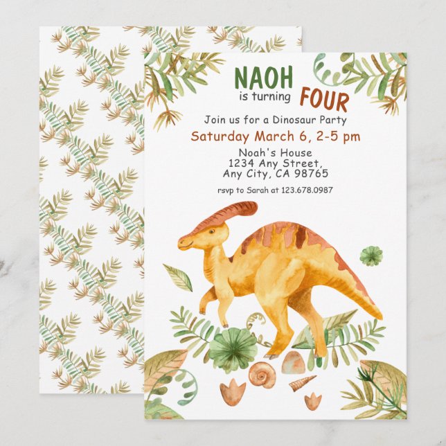 Watercolor Dinosaur Botanical Fourth Birthday Invitation (Front/Back)