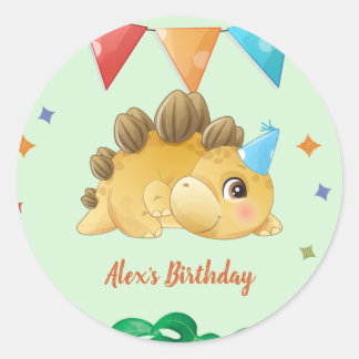 Watercolor Dinosaur Boy Birthday Party Classic Round Sticker