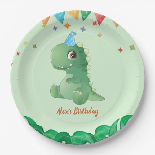 Watercolor Dinosaur Boy Birthday Party Paper Plates