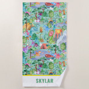 Watercolor Dinosaur Camping Kids Personalized Beach Towel