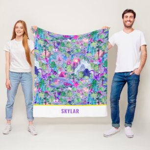 Watercolor Dinosaur Camping Kids Personalized Fleece Blanket