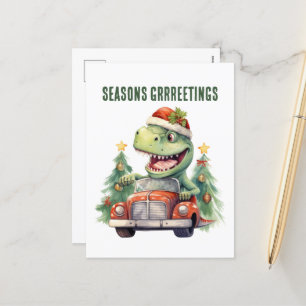 Watercolor dinosaur Christmas car Holiday Postcard