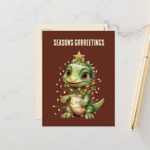 Watercolor dinosaur Christmas lights Holiday Postcard