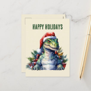 Watercolor dinosaur Christmas Santa Holiday Postca