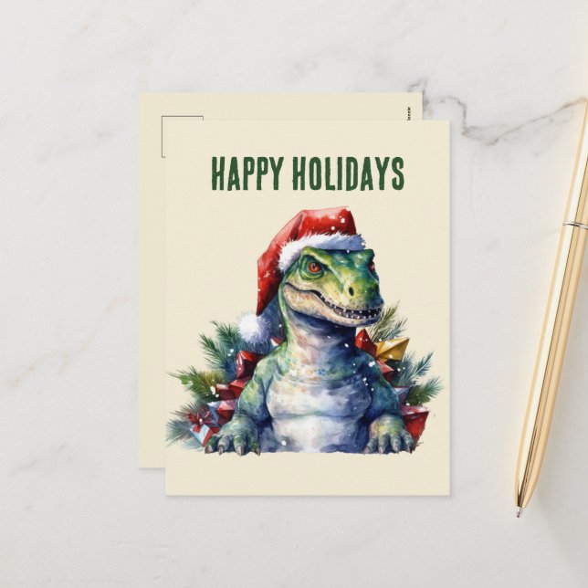 Watercolor dinosaur Christmas Santa Holiday Postca Postcard (Front/Back In Situ)