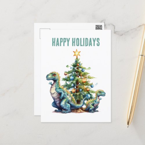 Watercolor dinosaur Christmas tree Holiday Postcard