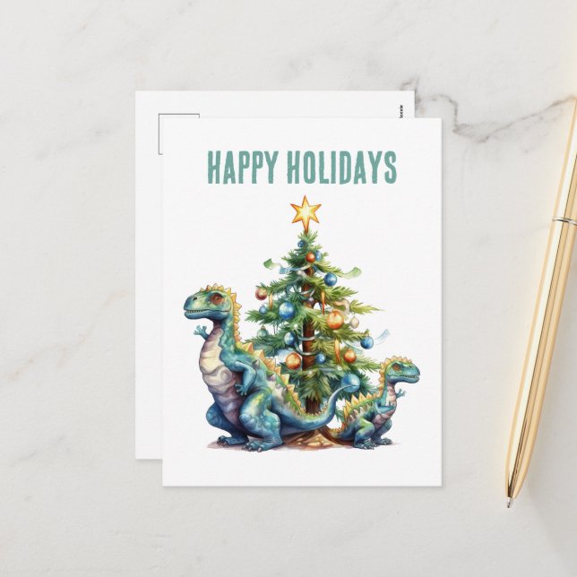 Watercolor dinosaur Christmas tree Holiday Postcard (Front/Back In Situ)
