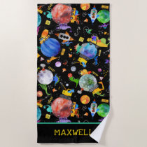 Watercolor Dinosaur Construction Crew Space Kids Beach Towel