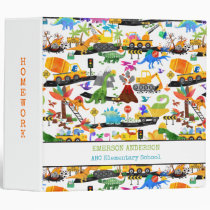 Watercolor Dinosaur Construction Kids Cute 3 Ring Binder