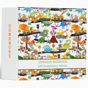Watercolor Dinosaur Construction Kids Cute 3 Ring Binder