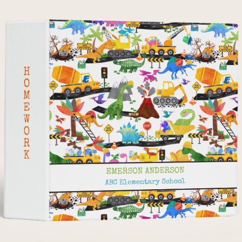 Watercolor Dinosaur Construction Kids Cute 3 Ring Binder