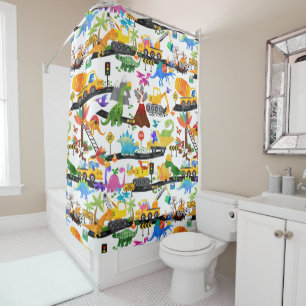 Watercolor Dinosaur Construction Kids Cute Shower Curtain