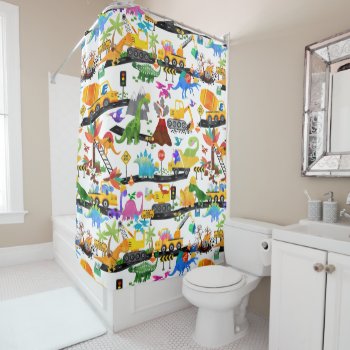 Watercolor Dinosaur Construction Kids Cute Shower Curtain by LilPartyPlanners at Zazzle