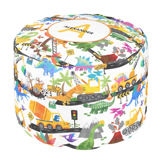 Watercolor Dinosaur Construction Kids Personalized Pouf (Angled Back)