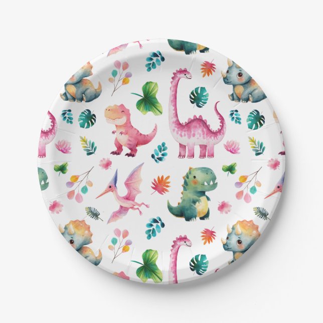 Watercolor Dinosaur Dig Fossil Dino Pattern Cute  Paper Plates (Front)