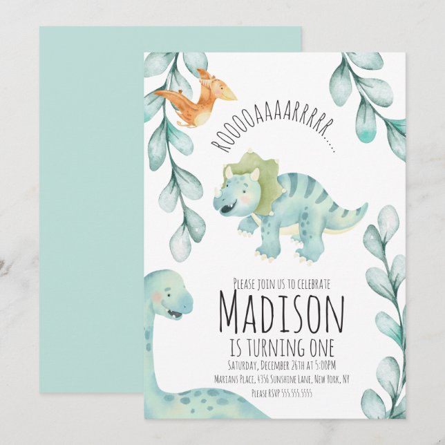 Watercolor Dinosaur First Birthday Party Blue Invitation (Front/Back)