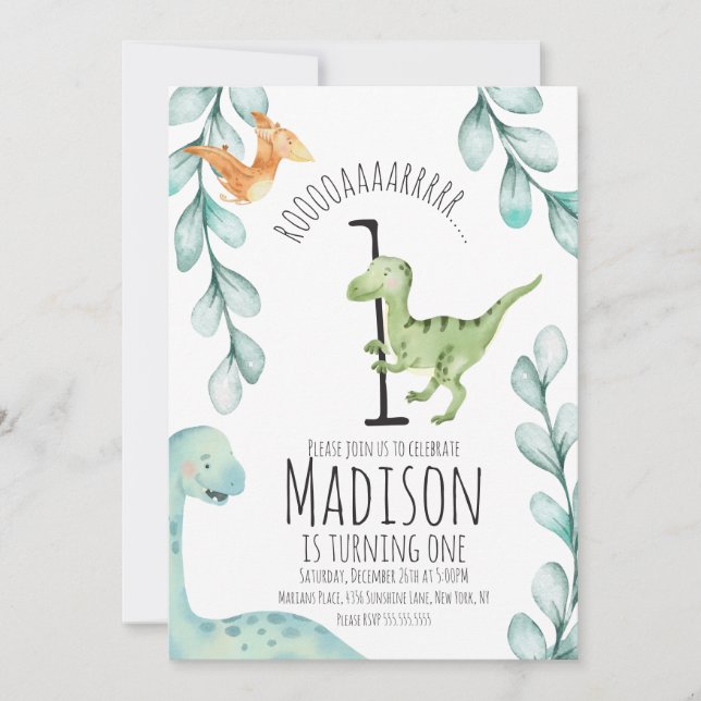 Watercolor Dinosaur First Birthday Party Invitation (Front)