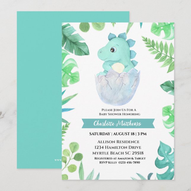 Watercolor Dinosaur Hatching Baby Shower  Invitation (Front/Back)