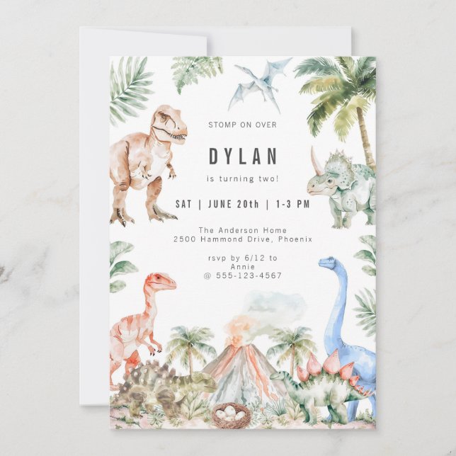 Watercolor Dinosaur Kids Birthday Party Invitation (Front)