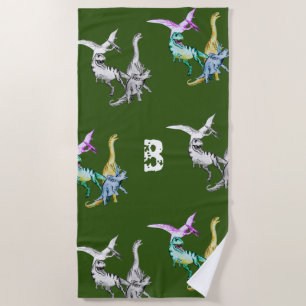 Watercolor Dinosaur Kids Monogram Beach Towel