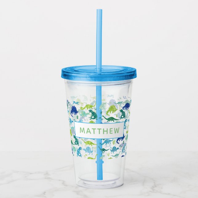 Watercolor Dinosaur Kids Personalized Dino Pattern Acrylic Tumbler (Front)