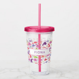 Watercolor Dinosaur Kids Personalized Girls Pink Acrylic Tumbler