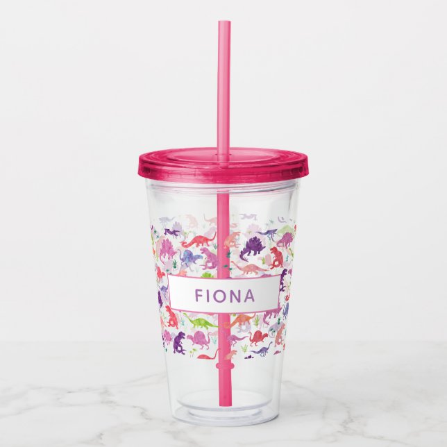 Watercolor Dinosaur Kids Personalized Girls Pink Acrylic Tumbler (Front)