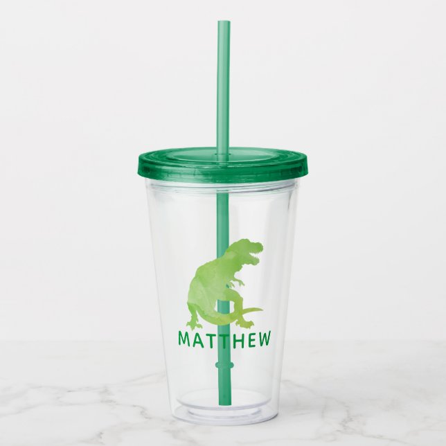 Watercolor Dinosaur Kids Personalized Green T-Rex Acrylic Tumbler (Front)