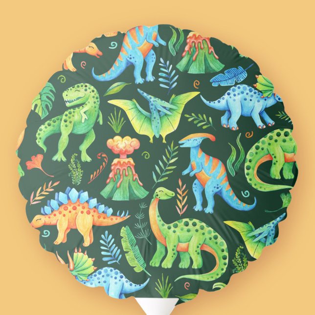 Watercolor Dinosaur Pattern Boys Birthday Party Balloon (Watercolor Dinosaurs Boys Birthday on Dark Green Balloon)