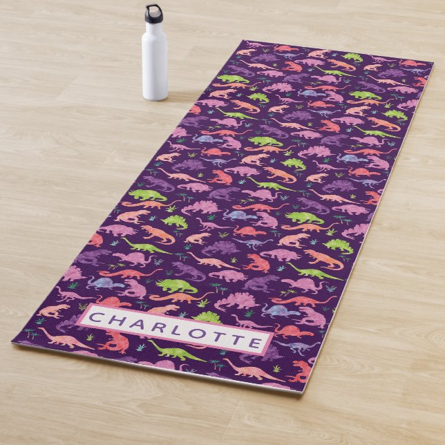 Watercolor Dinosaur Personalized Kids Purple Girls Yoga Mat (In Situ)
