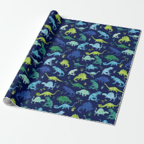 Watercolor Dinosaur Silhouette Green Blue Kids Wrapping Paper