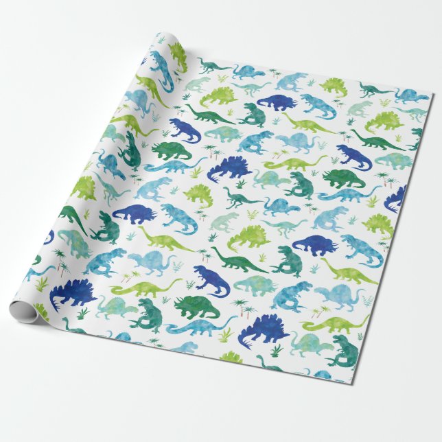Watercolor Dinosaur Silhouette Green Blue Kids Wrapping Paper (Unrolled)