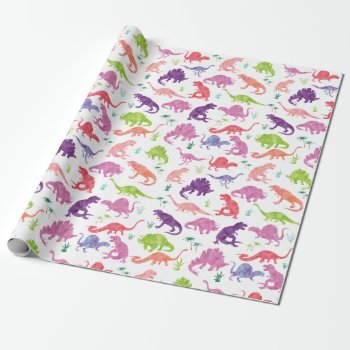 Watercolor Dinosaur Silhouette Purple Pink Kids Wrapping Paper by LilPartyPlanners at Zazzle