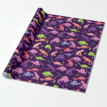 Watercolor Dinosaur Silhouette Purple Pink Kids Wrapping Paper