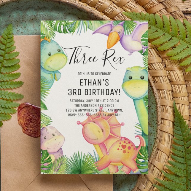 Watercolor Dinosaur Three Rex 3rd Birthday Invitation (Creator Uploaded)