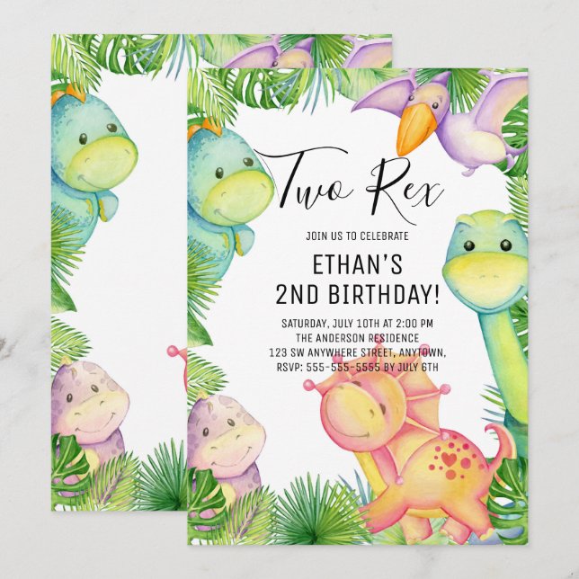 Watercolor Dinosaur Two Rex 2nd Birthday  Invitation (Front/Back)