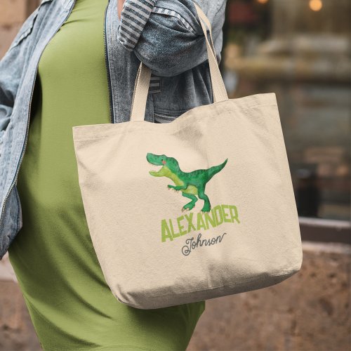 Watercolor Dinosaur with Kids Name Daycare Large T Large Tote Bag