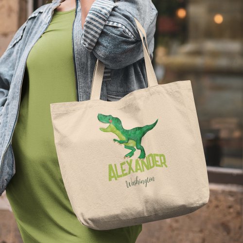 Watercolor Dinosaur with Kids Name Daycare Large Tote Bag