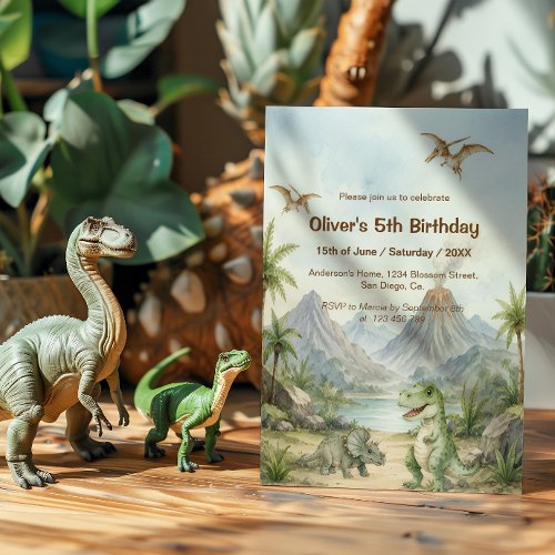 Watercolor Dinosaur with Prehistoric Landscape Invitation