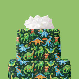 Watercolor Dinosaurs Boys Birthday on Dark Green Wrapping Paper