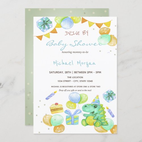 Watercolor Dinosaurs Drive By Baby Shower Invitation