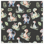 Watercolor Dinosaurs on Black Fabric
